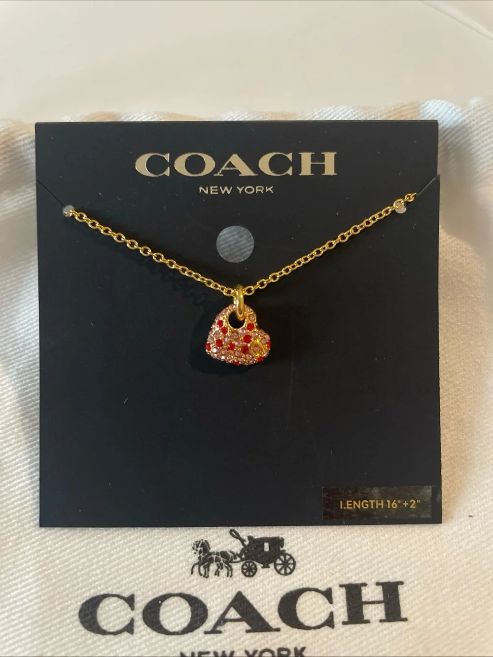 COACH Gold Heart Pendant Necklace with Pink and Red Crystals